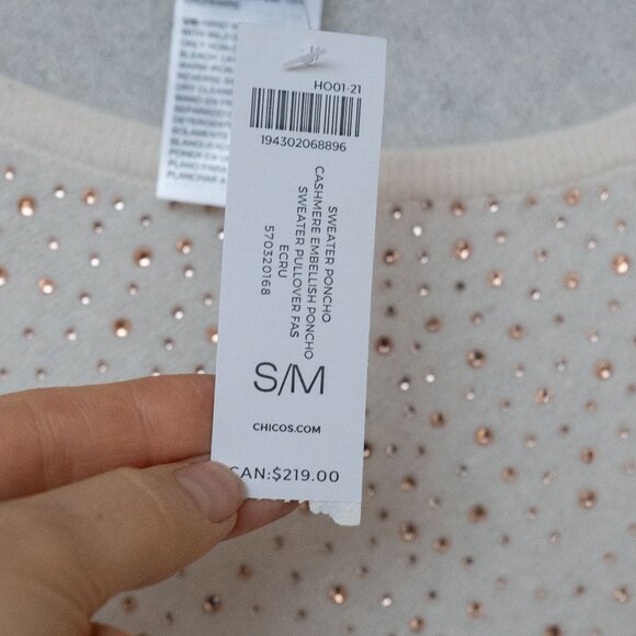 Chicos Cashmere Poncho Sweater Rhinestone Ivory Asymmetrical Wool Bedazzled - Picture 14 of 16